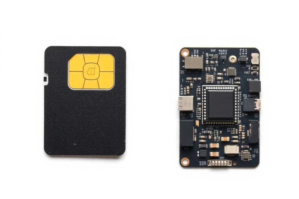 Physical SIM card compared to an eSIM chip on a smartphone motherboard