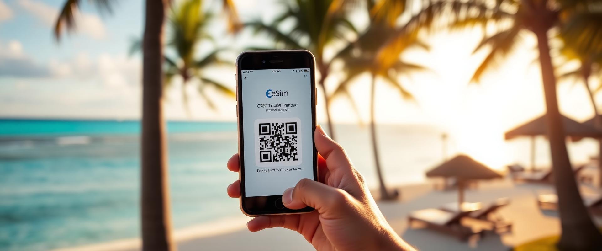 Traveller activating eSIM on smartphone at a tropical beach